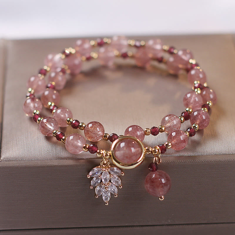 Strawberry Quartz Love Healing Maple Leaf Double Wrap Bracelet