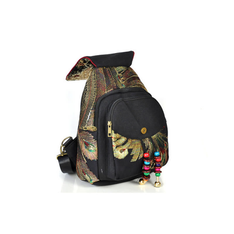 Peacock Embroidery Canvas Tassel Backpack