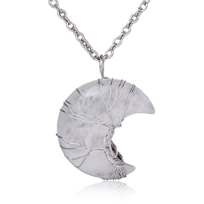 Natural Quartz Crystal Moon Tree Of Life Necklace Pendant