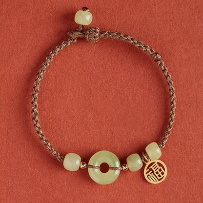 Round Peace Buckle Jade Lotus Happiness & Wealth String Bracelet