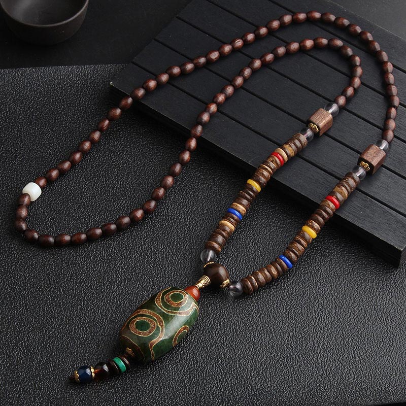 Turquoise Dzi Bead Prayer Wheel Wenge Wood Meditation Necklace