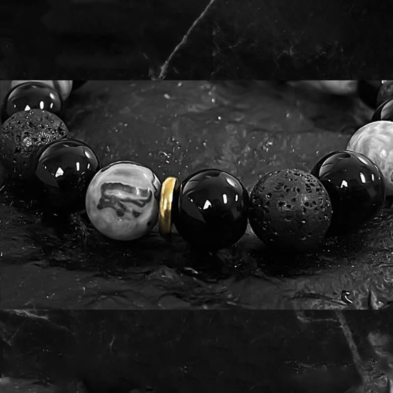 Black Obsidian Lava Rock Stone Yin Yang Strength Bracelet