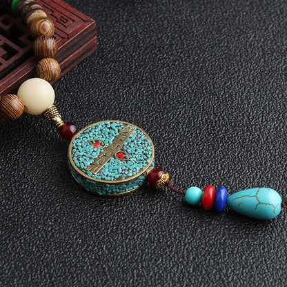 Turquoise Dzi Bead Prayer Wheel Wenge Wood Meditation Necklace