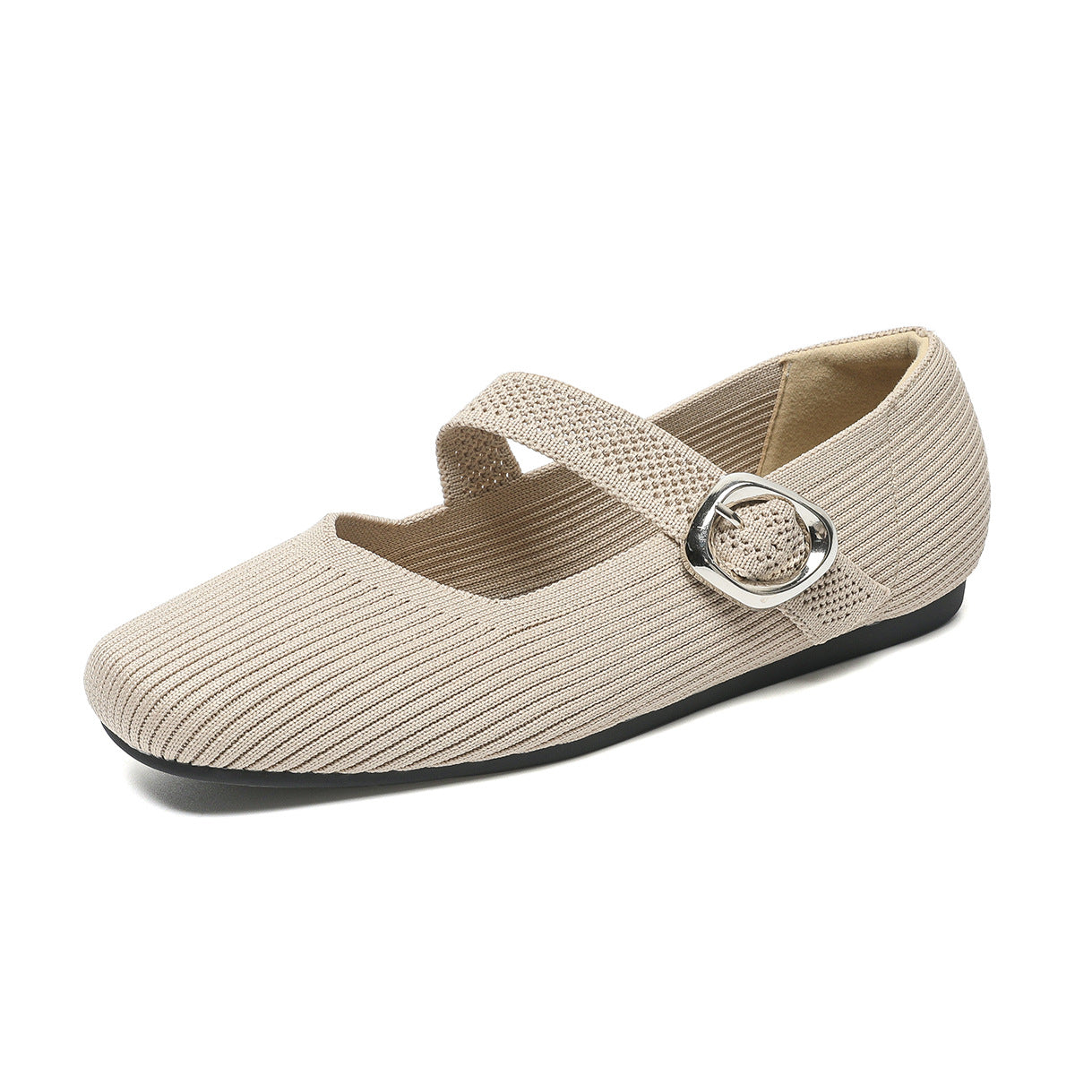 Breathable women's Mary Jane knit flats – square toe, buckle strap, lightweight everyday shoe