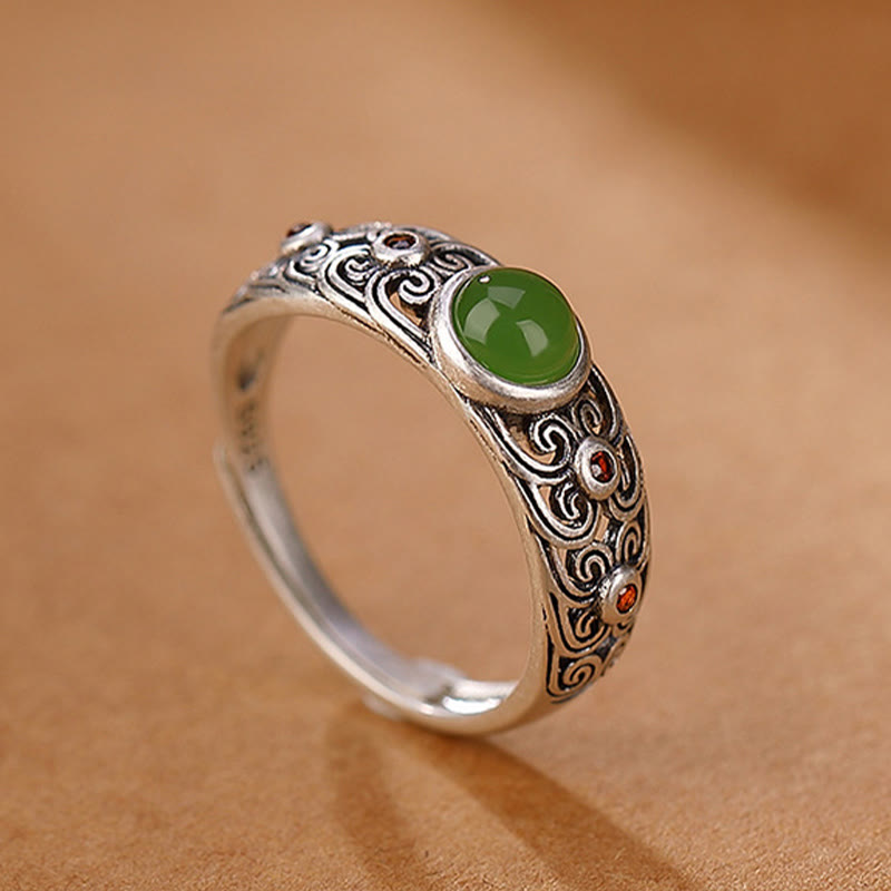 925 Sterling Silver Hetian Cyan Jade Adjustable Ring