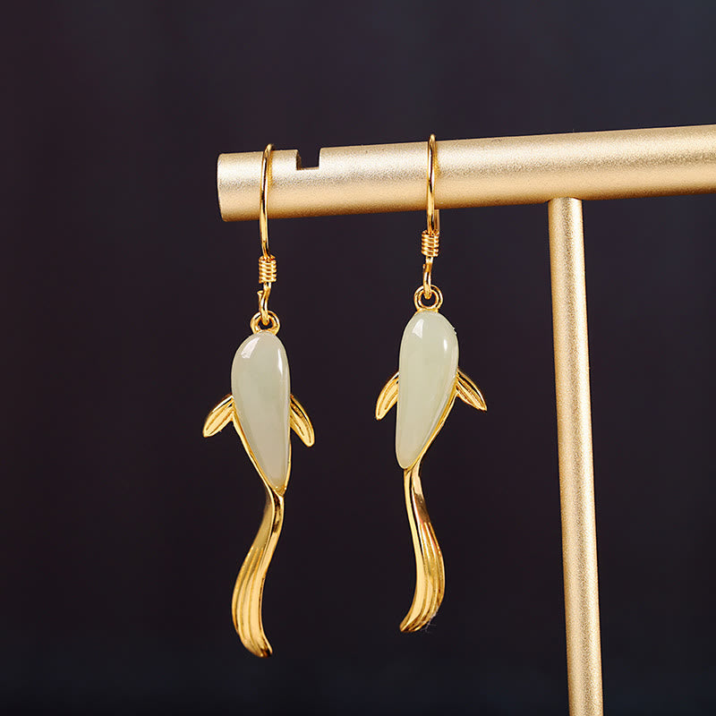 Fish Shape Jade Luck Dangle Drop Earrings