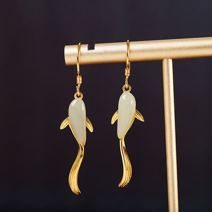 Fish Shape Jade Luck Dangle Drop Earrings