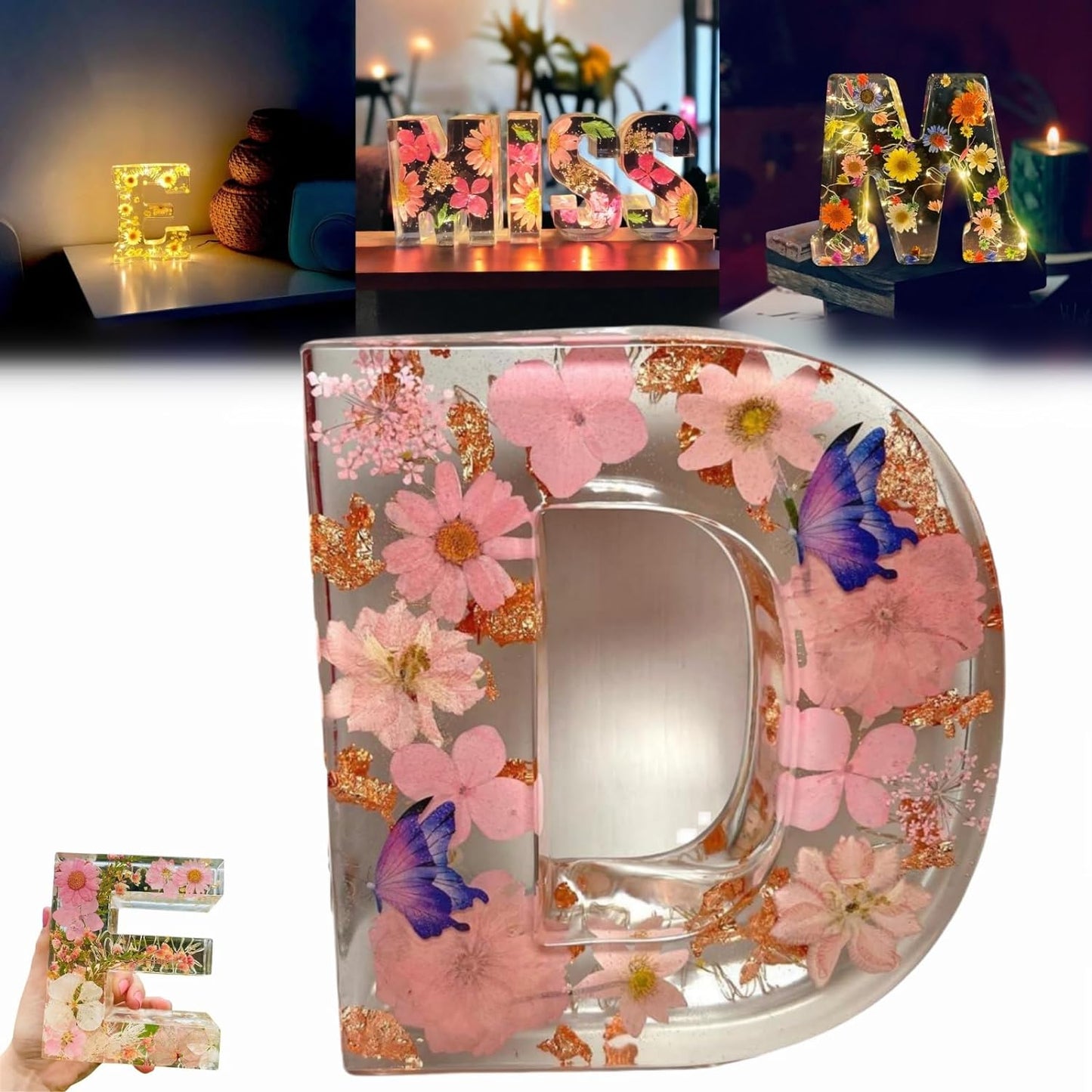 Resin Dried Flower Printed Letters LED Night Light