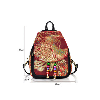 Peacock Embroidery Canvas Tassel Backpack