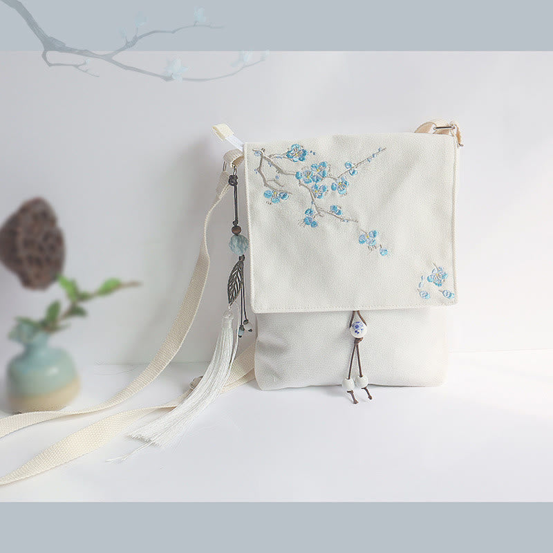 Handmade Embroidered Flowers Canvas Crossbody Bag