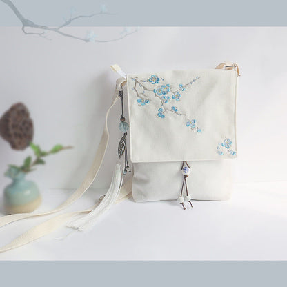 Handmade Embroidered Flowers Canvas Crossbody Bag