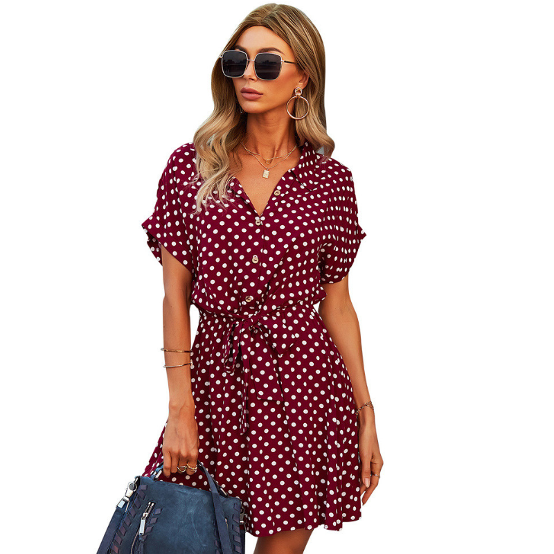 Polka Dots Knee Length Waist Belt Tie Dress