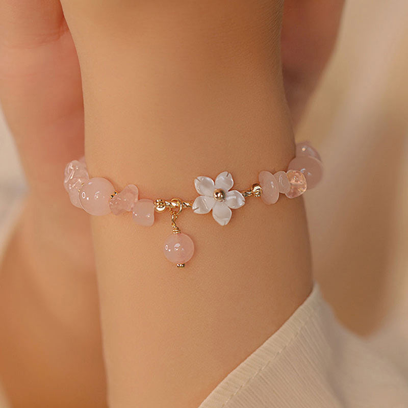 14k Gold Plated Natural Pink Crystal Flower Love Bracelet