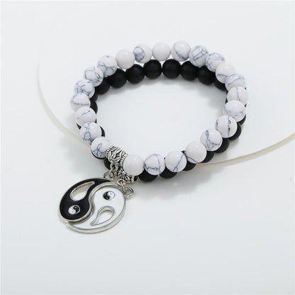 Natural Black Onyx White Turquoise Bead Yin Yang Couple Bracelet