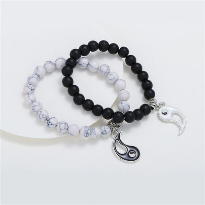 Natural Black Onyx White Turquoise Bead Yin Yang Couple Bracelet