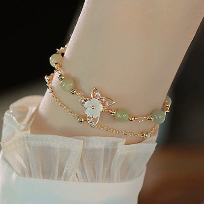 14K Gold Plated Jade Butterfly Tridacna Stone Flower Double Layer Luck Bracelet