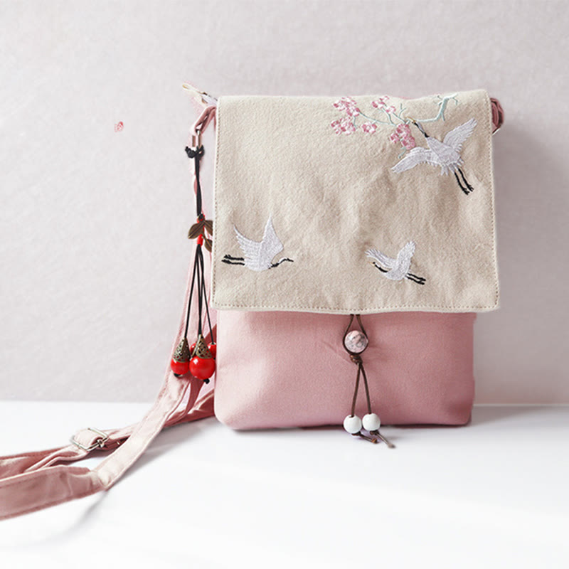 Handmade Embroidered Flowers Canvas Crossbody Bag