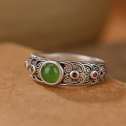 925 Sterling Silver Hetian Cyan Jade Adjustable Ring