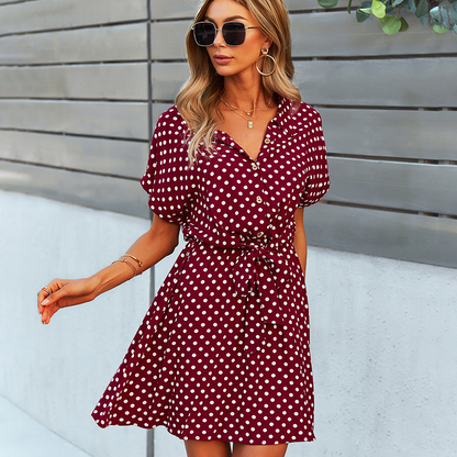 Polka Dots Knee Length Waist Belt Tie Dress