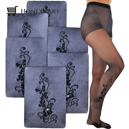 6- Pack: Tobeinstyle Womens Full Length Black Pantyhose With Ankle Print Design Butterfly Garden