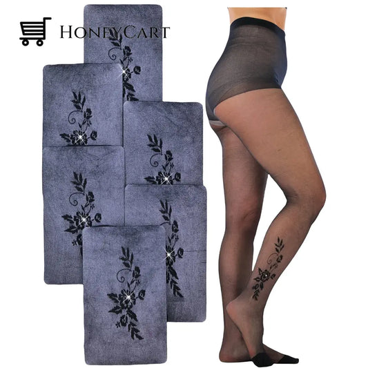 6- Pack: Tobeinstyle Womens Full Length Black Pantyhose With Ankle Print Design Flower Garden Shoes