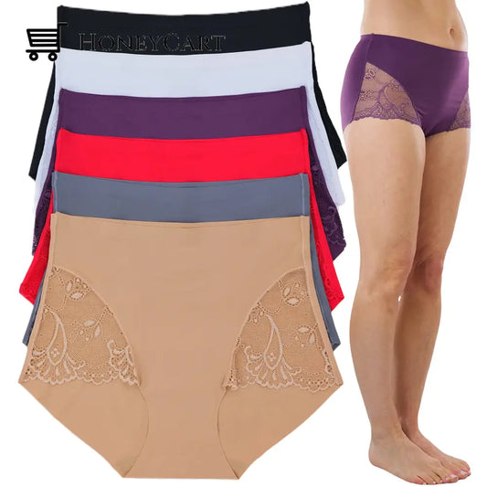 6-Pack: Tobeinstyle Womens High Waisted Seamless Laser Cut Side Lace Design Front Panties S Swimwear