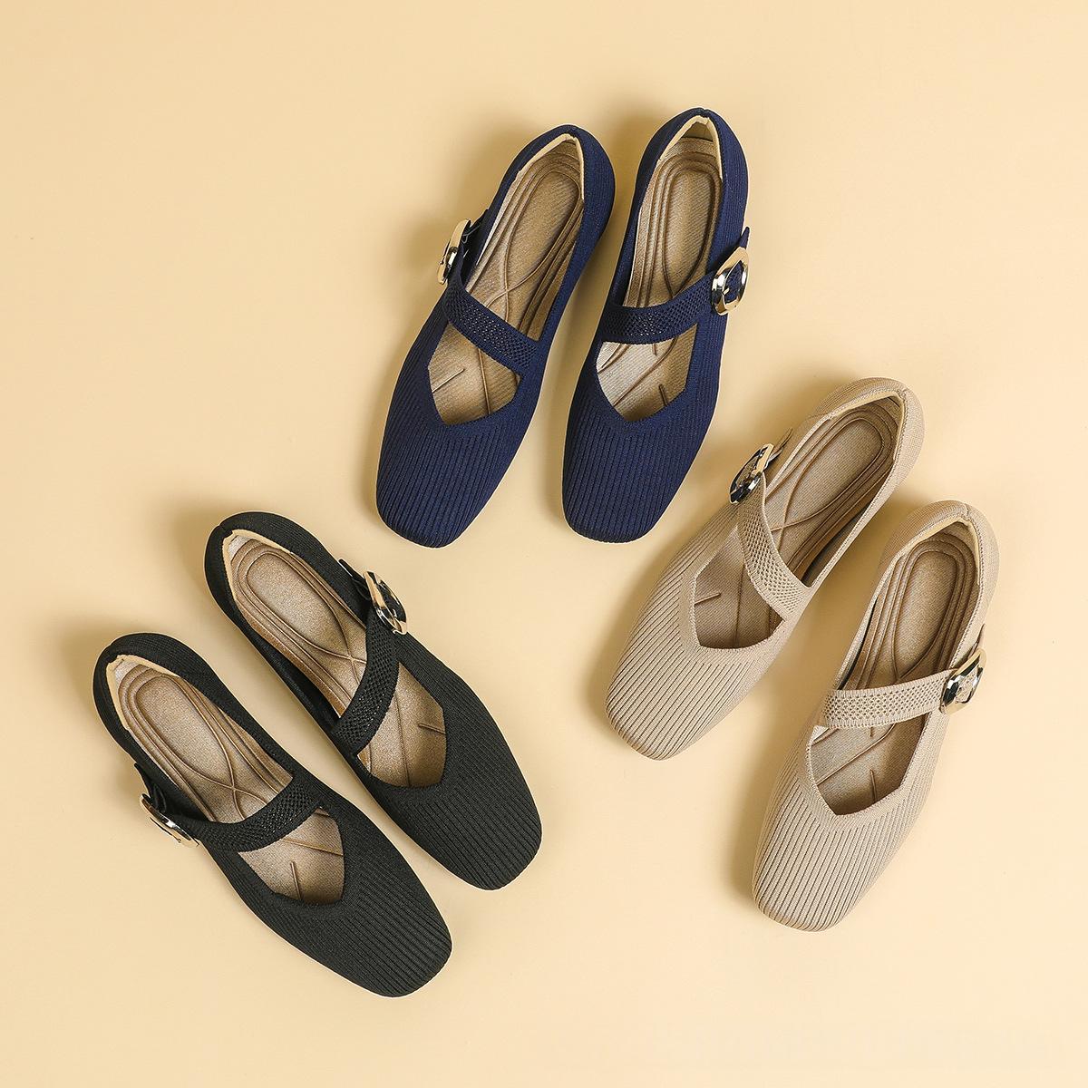 Breathable women's Mary Jane knit flats – square toe, buckle strap, lightweight everyday shoe