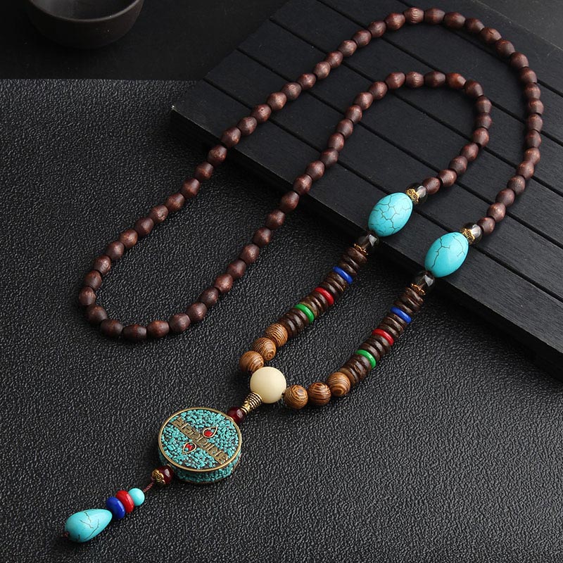 Turquoise Dzi Bead Prayer Wheel Wenge Wood Meditation Necklace