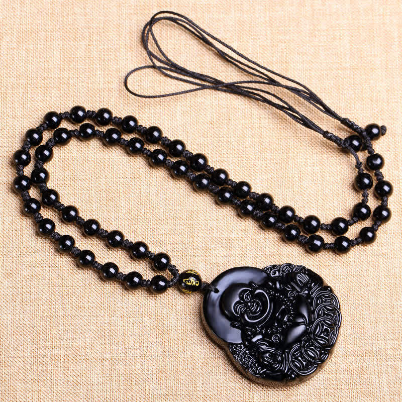 Laughing Buddha Black Obsidian Strength, Power & Protection Necklace