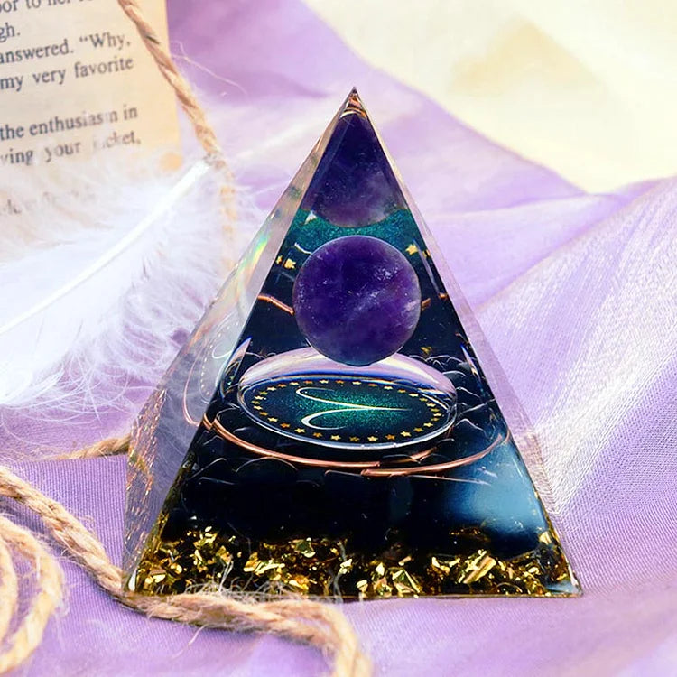 Aries Amethyst Sphere With Obsidian Zodiac Orgone Pyramid