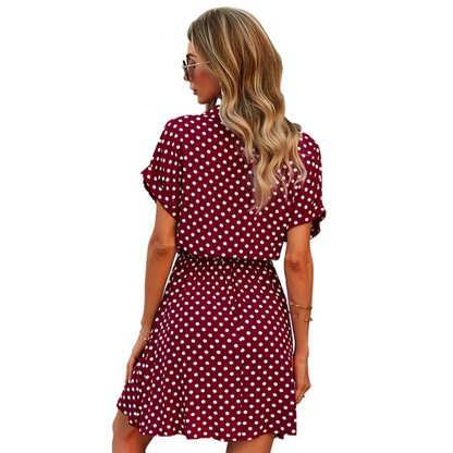 Polka Dots Knee Length Waist Belt Tie Dress