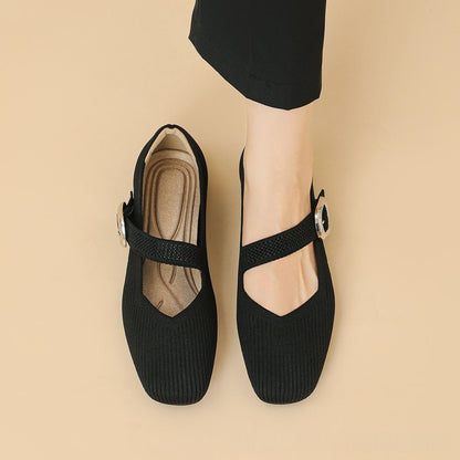 Breathable women's Mary Jane knit flats – square toe, buckle strap, lightweight everyday shoe