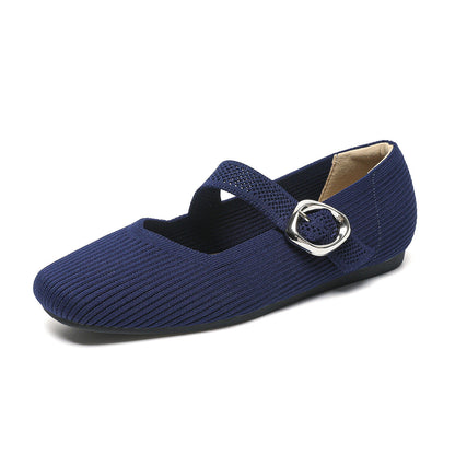 Breathable women's Mary Jane knit flats – square toe, buckle strap, lightweight everyday shoe