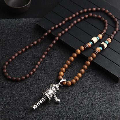 Turquoise Dzi Bead Prayer Wheel Wenge Wood Meditation Necklace