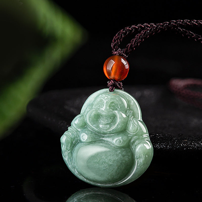 Laughing Buddha Cyan Jade Success Necklace String Pendant