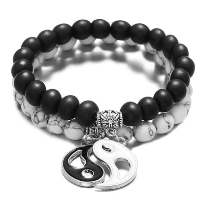 Natural Black Onyx White Turquoise Bead Yin Yang Couple Bracelet