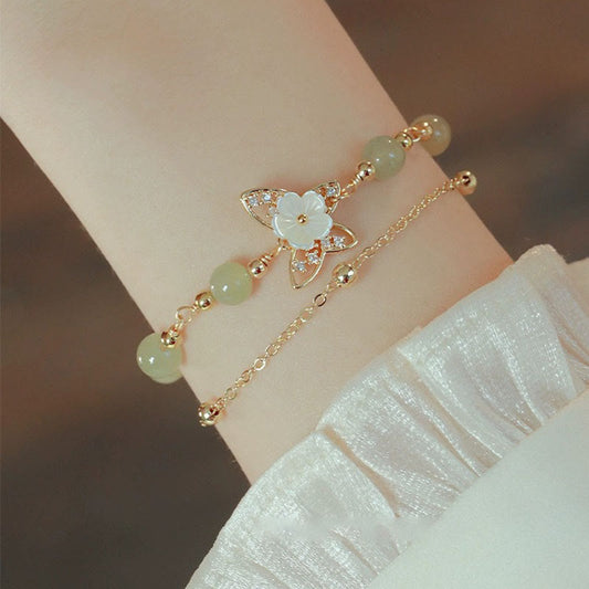 14K Gold Plated Jade Butterfly Tridacna Stone Flower Double Layer Luck Bracelet