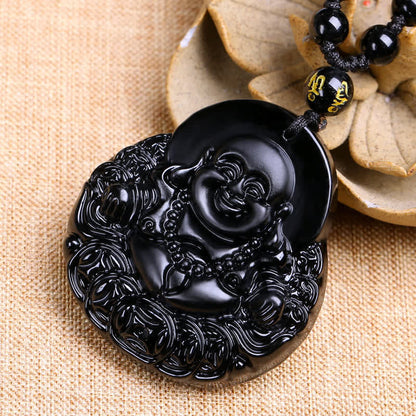 Laughing Buddha Black Obsidian Strength, Power & Protection Necklace