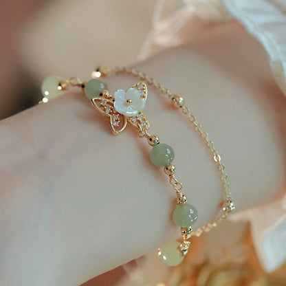 14K Gold Plated Jade Butterfly Tridacna Stone Flower Double Layer Luck Bracelet