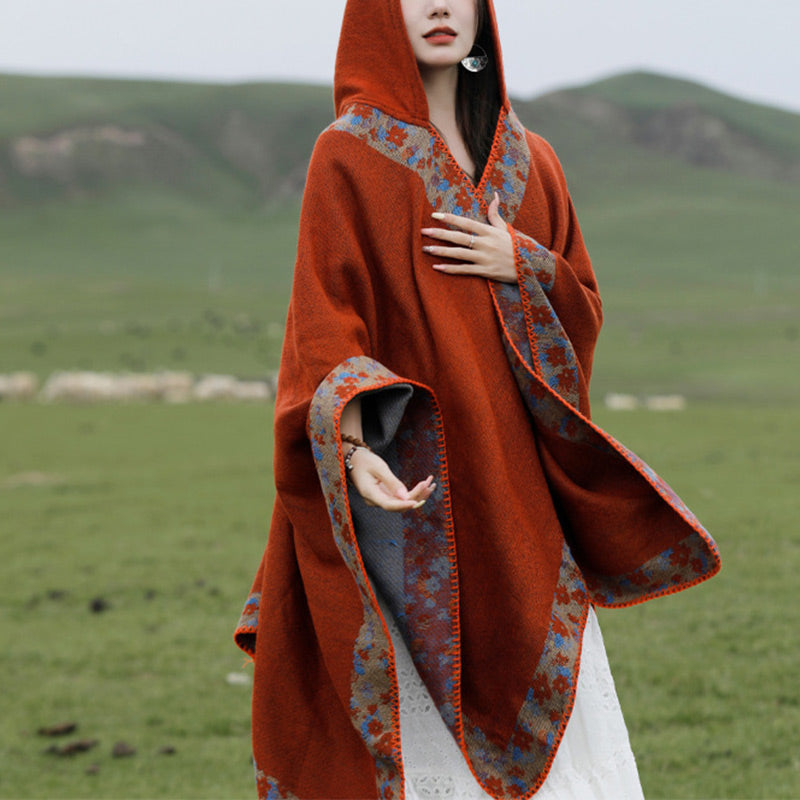 Tibetan Shawl Border Small Floral Flower Hooded Cloak