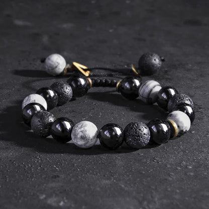 Black Obsidian Lava Rock Stone Yin Yang Strength Bracelet