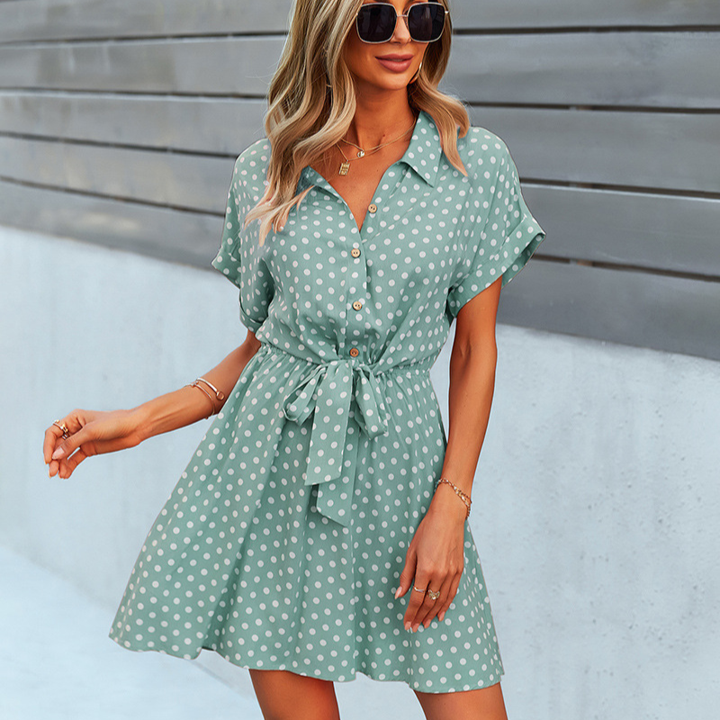 Polka Dots Knee Length Waist Belt Tie Dress