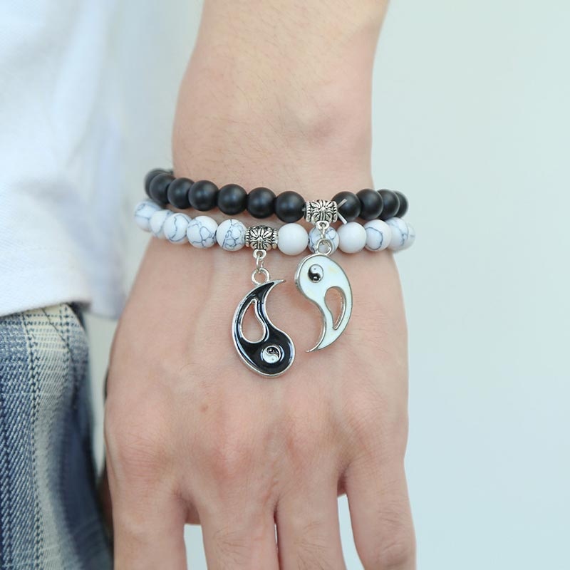 Natural Black Onyx White Turquoise Bead Yin Yang Couple Bracelet