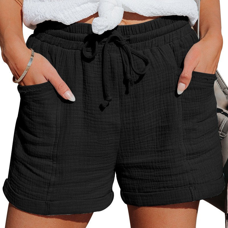 Breathable women's shorts - high-waist, belted, wide-leg, cotton-linen blend, casual daily wear