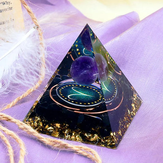 Aries Amethyst Sphere With Obsidian Zodiac Orgone Pyramid