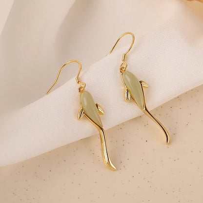 Fish Shape Jade Luck Dangle Drop Earrings