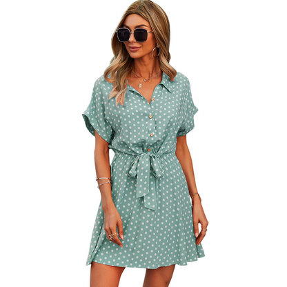 Polka Dots Knee Length Waist Belt Tie Dress