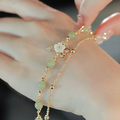 14K Gold Plated Jade Butterfly Tridacna Stone Flower Double Layer Luck Bracelet