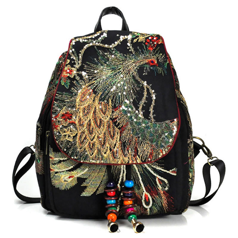 Peacock Embroidery Canvas Tassel Backpack