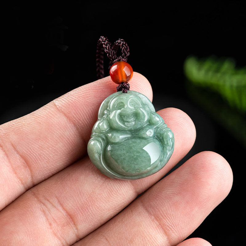 Laughing Buddha Cyan Jade Success Necklace String Pendant